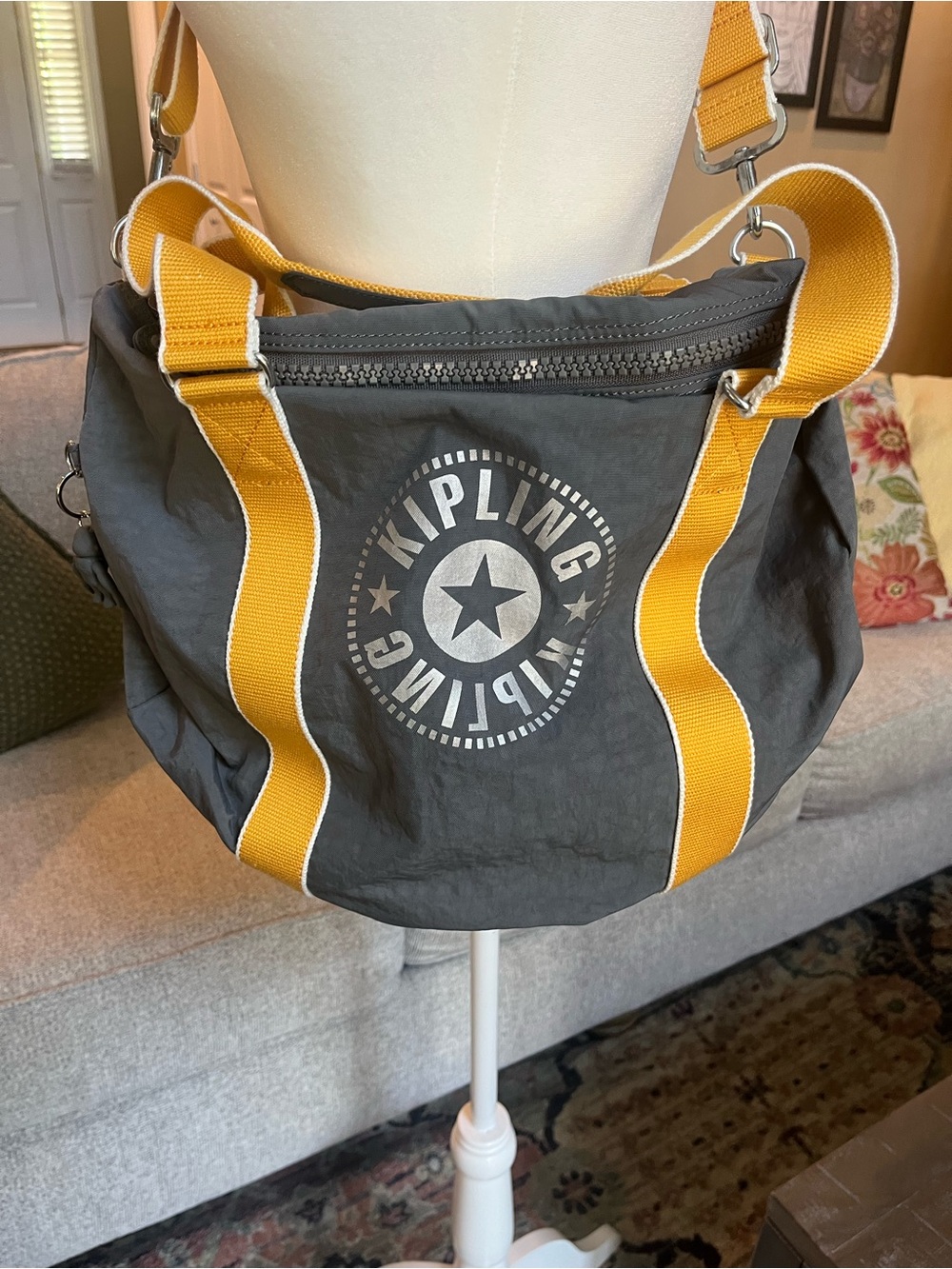 Kipling Charcoal Grey and Yellow Onalo Duffle Bag